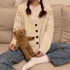 Plain Single-breasted Long-sleeve Cable-knit Cardigan White - One Size