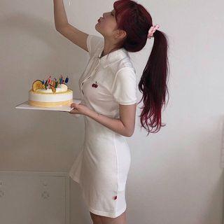 Cherry Print Short-sleeve Polo Shirt Dress White - One Size