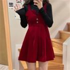 Long-sleeve Mock-neck Top / Sleeveless Velvet Mini Dress