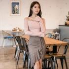 Set: Plain Off Shoulder Long Sleeve Top + Ruffle Trim Skirt