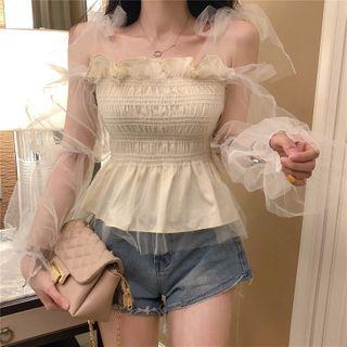 Mock Two-piece Bell-sleeve Smocked Top Almond - One Size