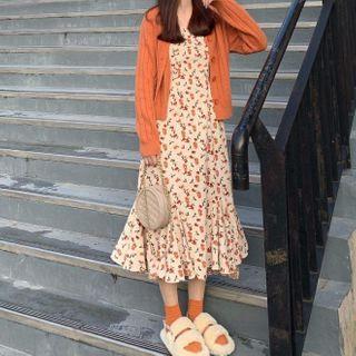 Spaghetti Strap Floral Print Mermaid Dress / Plain Knit Cardigan / Set