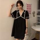 Short-sleeve Contrast Piped A-line Mini Dress