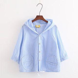 3/4-sleeve Hooded Gingham Top