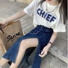 Short-sleeve Lettering T-shirt / Side-slit Denim Midi A-line Skirt