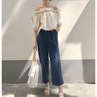 Plain Off Shoulder 3/4 Sleeve Top / Cropped Straight Cut Pants