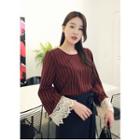 Long-sleeve Lace-cuff Striped Top