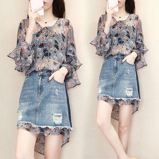 Set: Flower Print 3/4-sleeve Dress + Distressed Denim Skirt