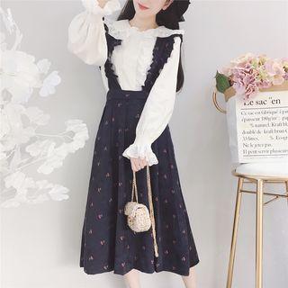 Cherry Print Corduroy Midi Suspender Skirt