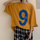 3/4-sleeve Numbering T-shirt / Wide-leg Plaid Pants