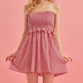 Smocked Gingham Mini Tube Dress