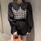Mock Two-piece Long-sleeve Houndstooth Panel Blouse / Shorts / Mini Mermaid Skirt