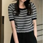 Short-sleeve Striped Knit Crop Top Stripe - Black & White - One Size
