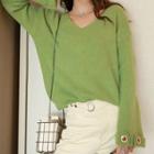 Knitted Loose-fit V-neck Sweater Green - One Size