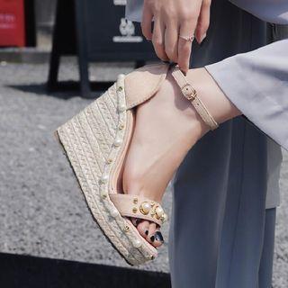 Wedge-heel Platform Beaded Pumps