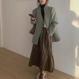 Open-front Jacket / Faux Leather Midi A-line Skirt