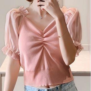 Shirred Front Panel Sleeve Knit Top