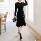 Long-sleeve Velvet Slit Sheath Dress