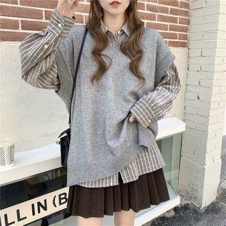 Striped Long-sleeve Loose-fit Shirt / Knit Vest