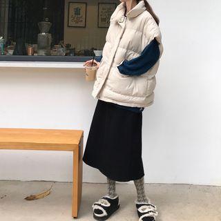 Striped Long-sleeve Midi Knit Dress / Padded Vest