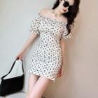 Short-sleeve Off-shoulder Dotted Mini Sheath Dress