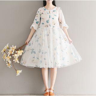 Floral Print Elbow Sleeve Mesh Overlay Midi Dress