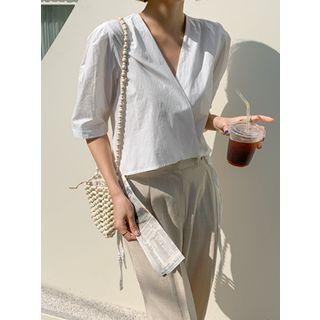 Puff-shoulder Cropped Wrap Top