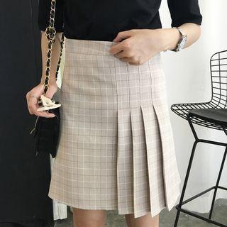 Plaid Half Pleated Mini Skirt