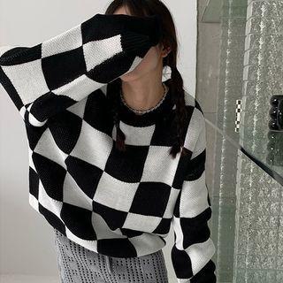 Round-neck Plaid Two Tone Oversize Sweater Black & White - One Size