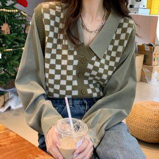 Mock Two-piece Plaid Shirt Green - One Size
