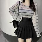 Side-slit Striped Loose Top / Pleated Mini Skirt