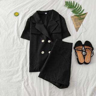 Set: Double-breasted Blouse + A-line Skirt Black Set + Dress - One Size