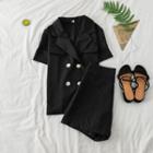 Set: Double-breasted Blouse + A-line Skirt Black Set + Dress - One Size