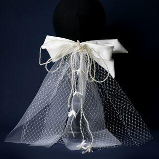 Wedding Beaded Bow Veil Hair Clip Mesh - White - One Size