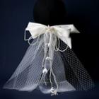 Wedding Beaded Bow Veil Hair Clip Mesh - White - One Size