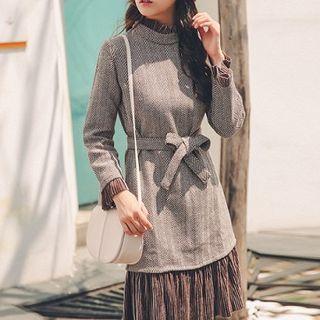 Color-block Lace-up Long-sleeve Dress