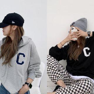 C Letter Embroidered Kangaroo-pocket Hoodie