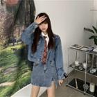 Denim Jacket / Slit Mini Pencil Skirt / Shirt / Neck Tie / Set