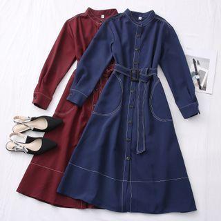 Stitched Stand-collar Midi Shirtdress With Sash