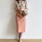 Short-sleeve Floral Blouse / Midi A-line Skirt / Set