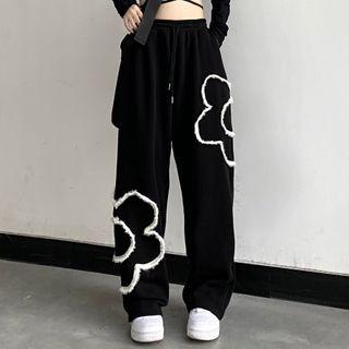 Flower Embroidered Drawstring Wide-leg Pants