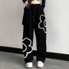 Flower Embroidered Drawstring Wide-leg Pants