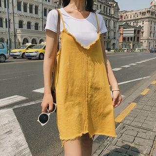 Set: Short-sleeve T-shirt Dress + Spaghetti Strap Denim Dress