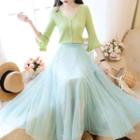 3/4-sleeve Frill Trim Buttoned Knit Top / Mesh A-line Midi Skirt / Set