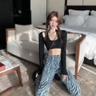 Set : Cargo Long-sleeve Top + Sleeveless Top / High Waist Printed Zebra Wide Leg Pants