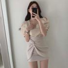 Puff-sleeve Square Neck Plain Blouse / High-waist Twisted Slim Fit Skirt