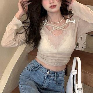 Long-sleeve Lace Top Nude - One Size