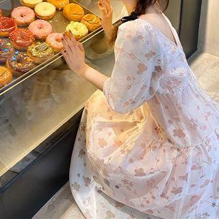 Elbow-sleeve Floral Print Mesh Midi Dress