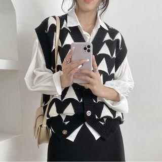 Triangle Print Button-up Sweater Vest Black - One Size