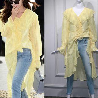 Gingham Ruffled Long-sleeve Blouse / Skinny Jeans